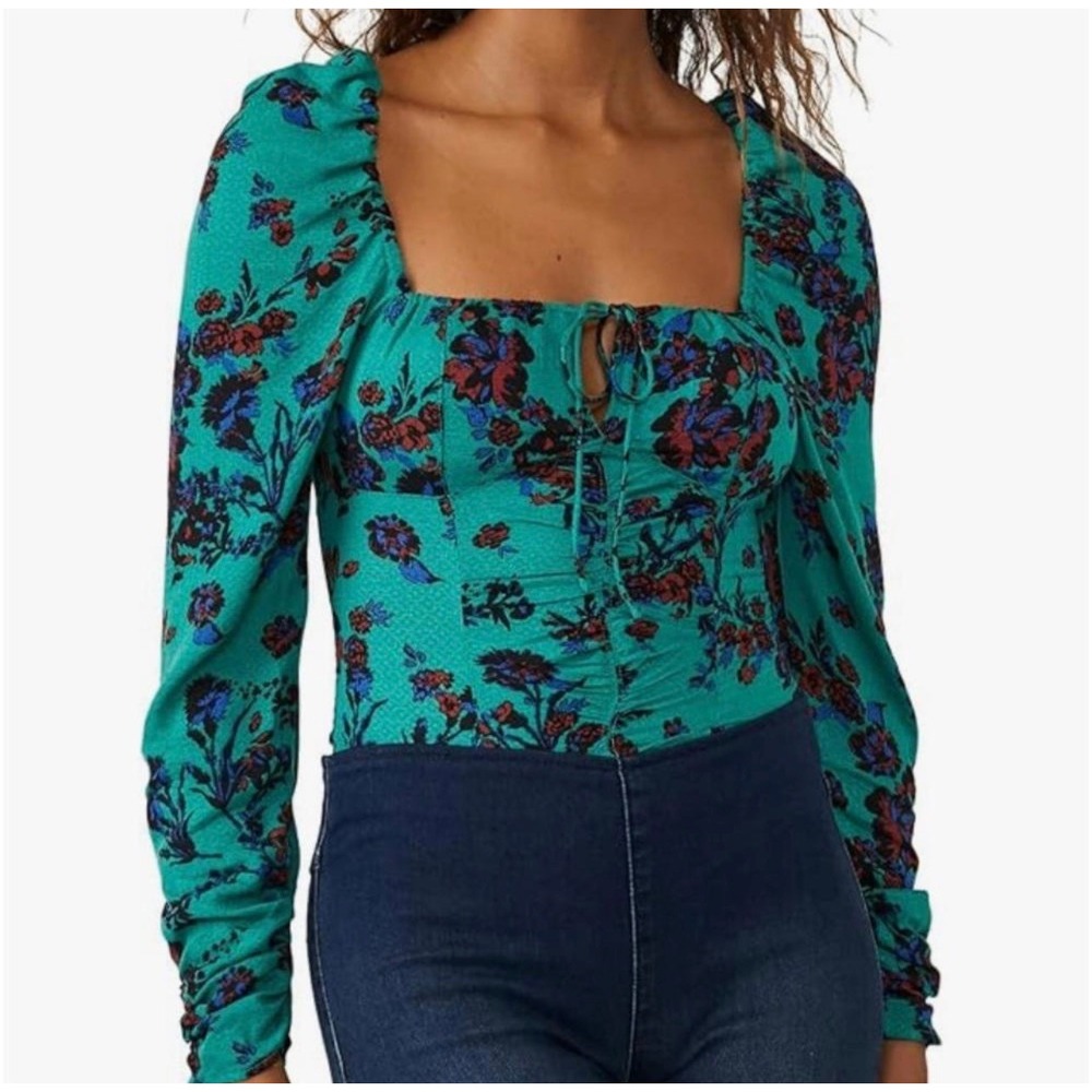 Free People Womens Green Floral Ruched Smocked Back Square Neck‎ Blouse Top S